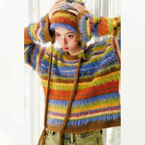 レディース ファッション 服 オシャレ カワイイ シンプル 大人カワイイ 大きいサイズ レトロ 虹 ラウンドネック ベルスリーブ セーター 秋冬 ニット 冬服 レディース ファッション 服 オシャレ カワイイ シンプル 大人カワイイ 大きいサイズ レトロ 虹 ラウンドネック ベルスリーブ セーター 秋冬 ニット 冬服