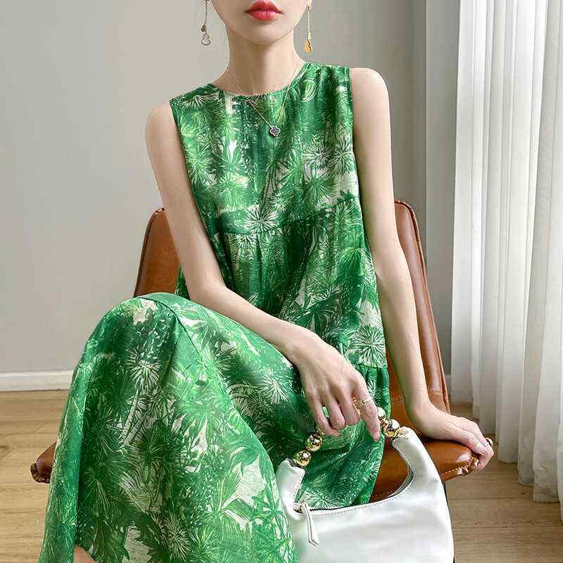 レディース ファッション 服 オシャレ カワイイ シンプル 大人カワイイ 大きいサイズ クール ラウンドネック 花柄 秋 グリーン ベスト ノースリーブ ドレス ビーチ スカート