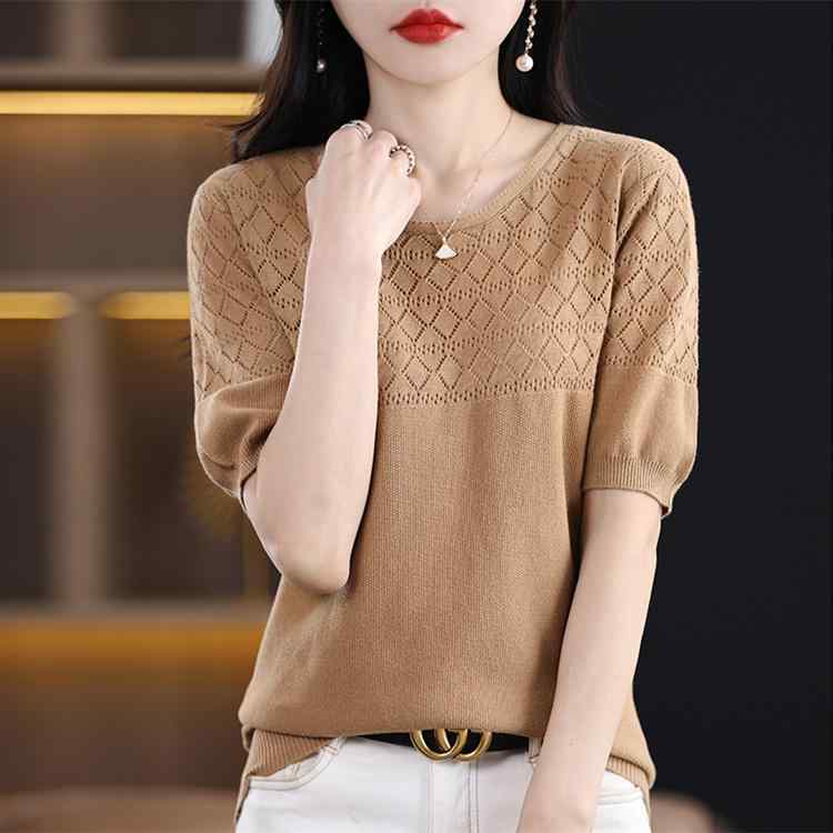 其它 - レディース ファッション 服 オシャレ カワイイ シンプル 大人カワイイ 大きいサイズ 綿 半袖 T シャツ 薄手 ロー ラウンドネック コットンニット セーター ベスト
