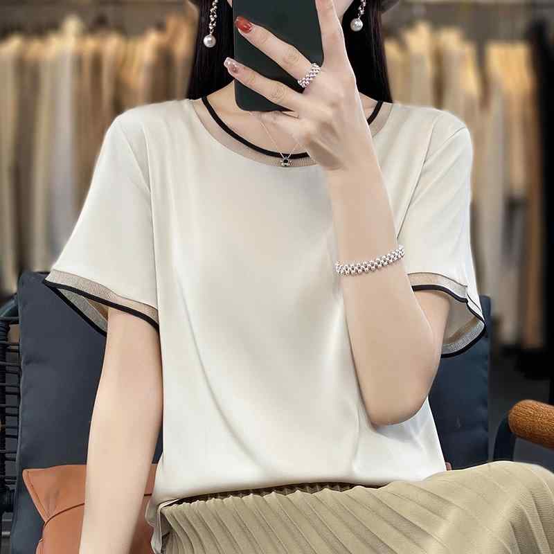 Three-Quarter - レディース ファッション 服 オシャレ カワイイ シンプル 大人カワイイ 大きいサイズ フレンチ トップス 秋 メッシュ 半袖 T シャツ スーツ ベース 白 インナーウェア