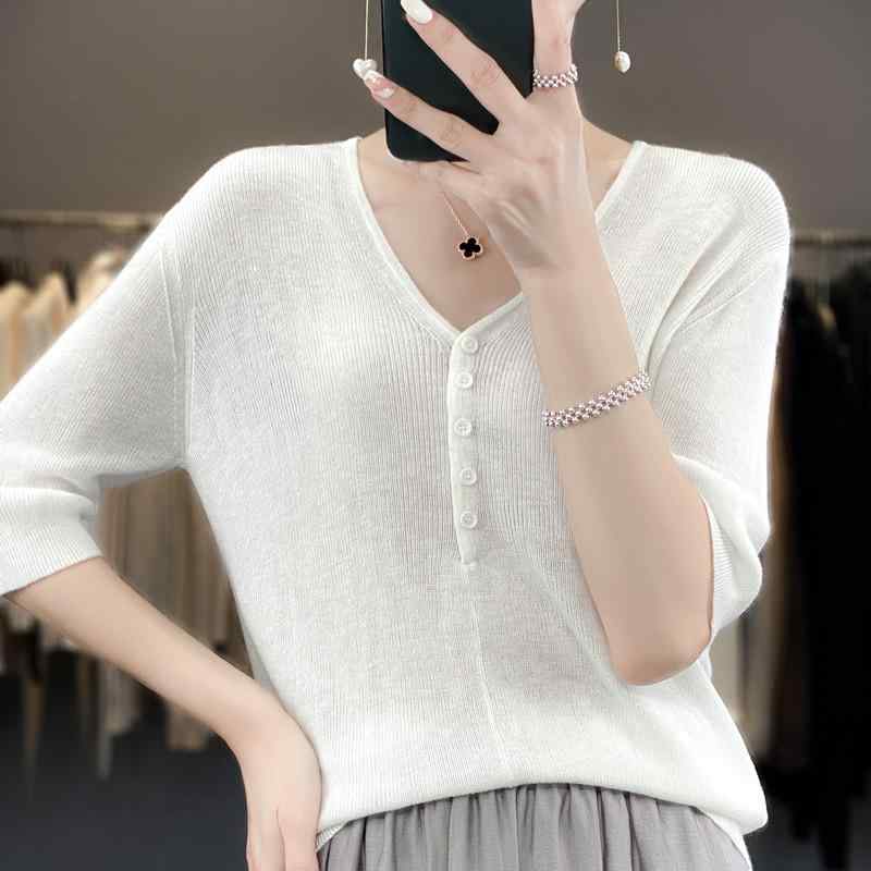 V-Neck - レディース ファッション 服 オシャレ カワイイ シンプル 大人カワイイ 大きいサイズ Vネック ウール セーター ゆったり インナー アウター ニット 五分袖 薄手 無地 カジュアル ミッド スリーブ