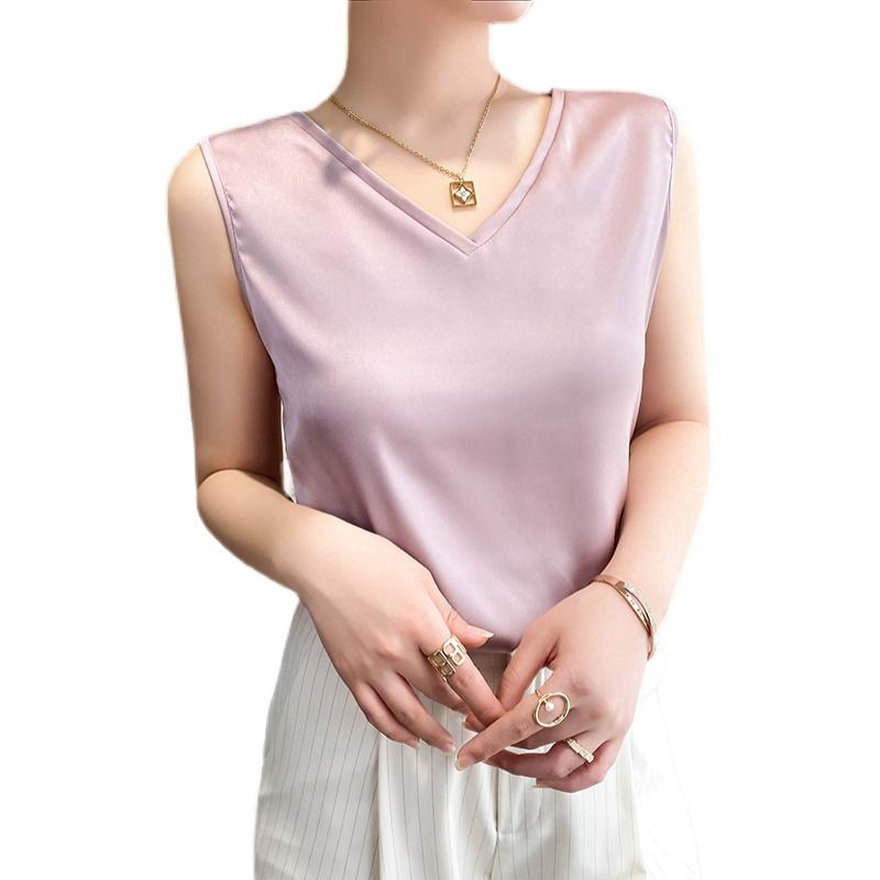 Other - レディース ファッション 服 オシャレ カワイイ シンプル 大人カワイイ 大きいサイズ サテン ノースリーブ ラウンドネック T シャツ トップス 秋 半袖 シンプル インナー