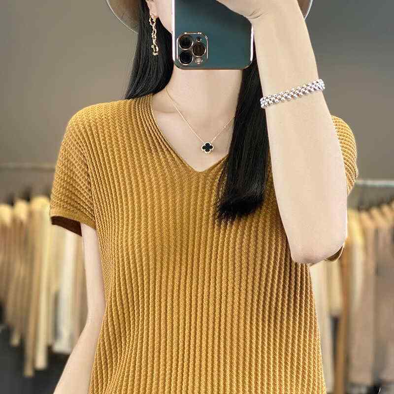 V-Neck - レディース ファッション 服 オシャレ カワイイ シンプル 大人カワイイ 大きいサイズ スリム Vネック 半袖 薄手 無地 ウール セーター