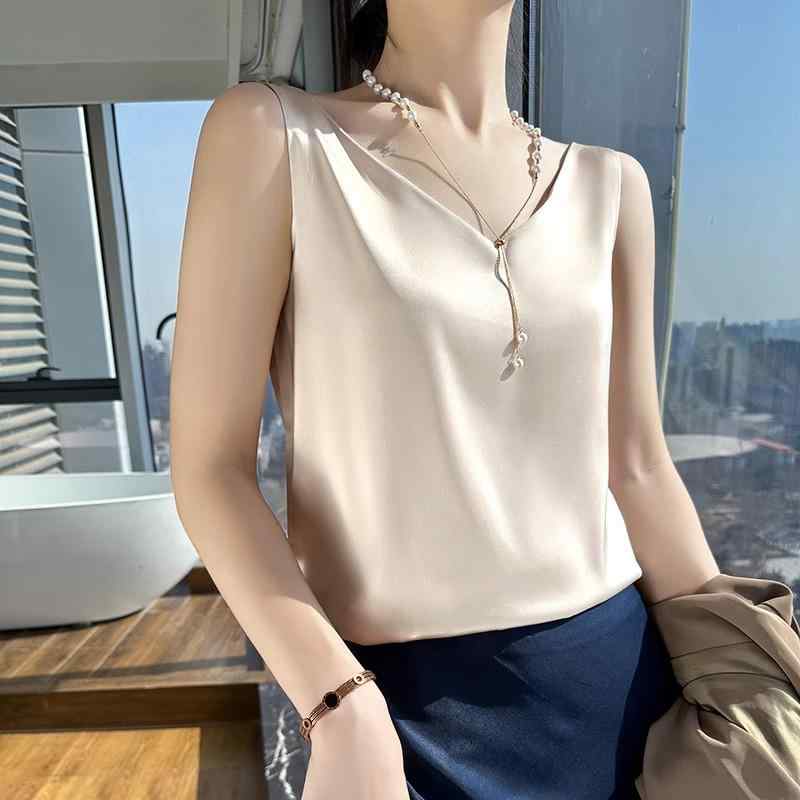 レディース ファッション 服 オシャレ カワイイ シンプル 大人カワイイ 大きいサイズ キャミソール ダブル ショルダー Vネック 快適 サテン トップス(4.0)