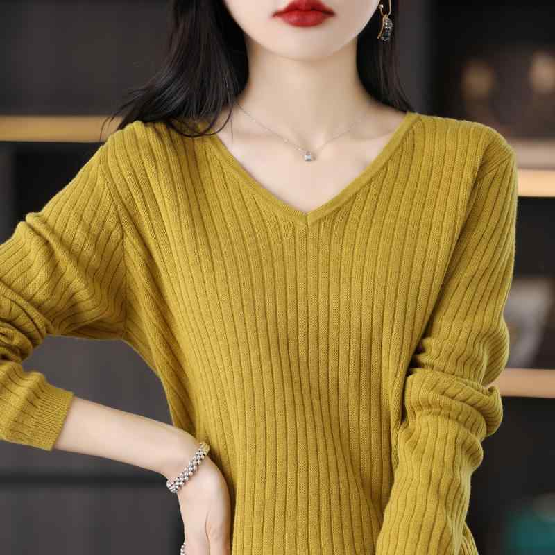 V-Neck - レディース ファッション 服 オシャレ カワイイ シンプル 大人カワイイ 大きいサイズ 綿 Vネック セーター ニット シャツ 長袖 プルオーバー インナー トップス