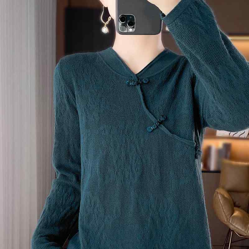 乐天商城 - 秋服 レディース ファッション オシャレ カワイイ シンプル 大人カワイイ 大きいサイズ レトロ セーター ラウンドネック プ レート ボタン プルオーバー セーター 秋 ジャカード ウール スリム 長袖 ニット