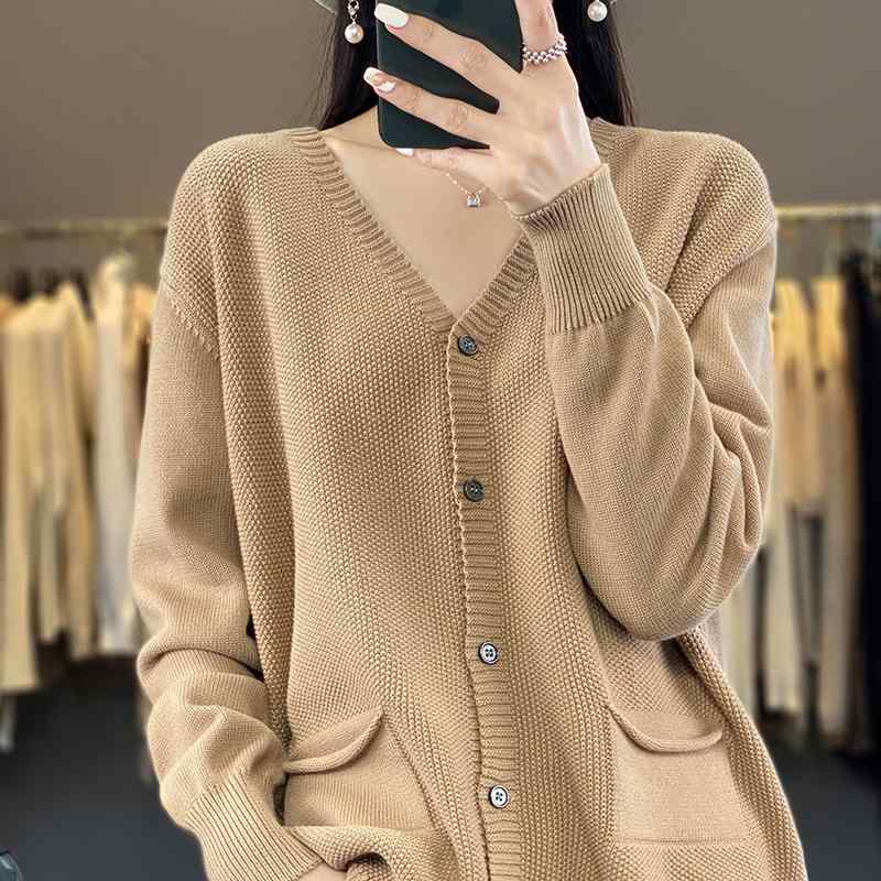 秋服 レディース ファッション オシャレ カワイイ シンプル 大人カワイイ 大きいサイズ コットン Vネック ニット カーディガン ソリッドカラー コート セーター 長袖 ストレッチコットン トップス 秋