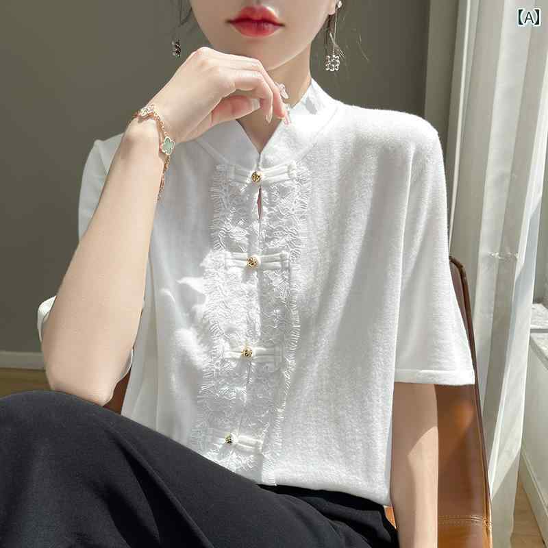 秋服 レディース ファッション オシャレ カワイイ シンプル 大人カワイイ 大きいサイズ テンセル トップス 半袖 スタンドカラー 白 T シャツ 秋 レース ボタン