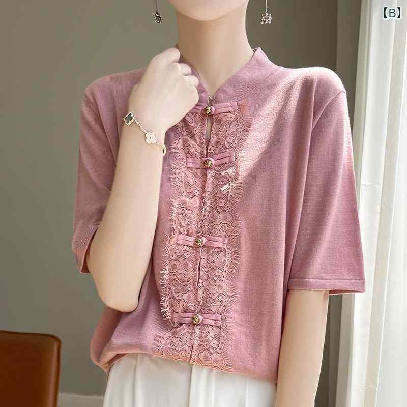 秋服 レディース ファッション オシャレ カワイイ シンプル 大人カワイイ 大きいサイズ テンセル トップス 半袖 スタンドカラー 白 T シャツ 秋 レース ボタン