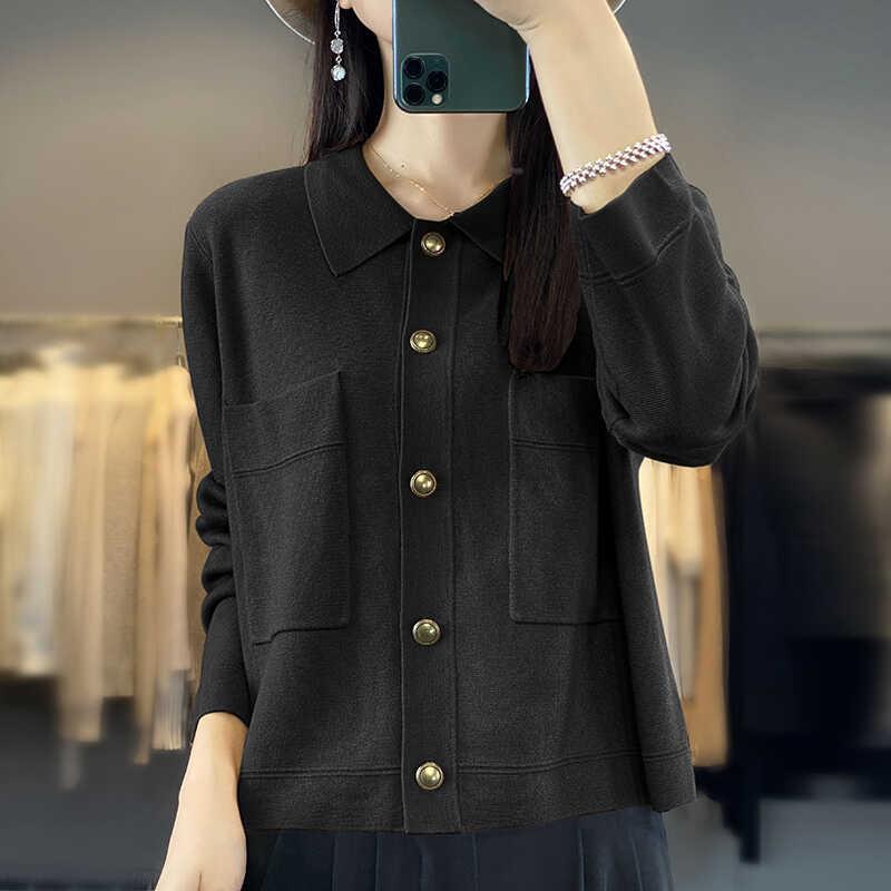 秋服 レディース ファッション オシャレ カワイイ シンプル 大人カワイイ 大きいサイズ ニットカーディガン 長袖 シャツ 襟 ソフト 快適 セーター ジャケット