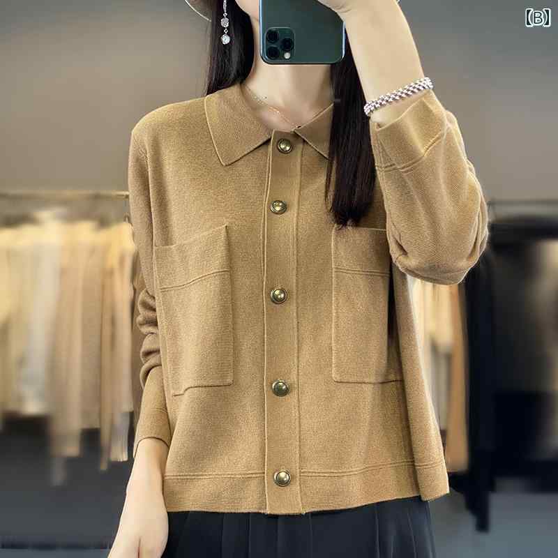 秋服 レディース ファッション オシャレ カワイイ シンプル 大人カワイイ 大きいサイズ ニットカーディガン 長袖 シャツ 襟 ソフト 快適 セーター ジャケット