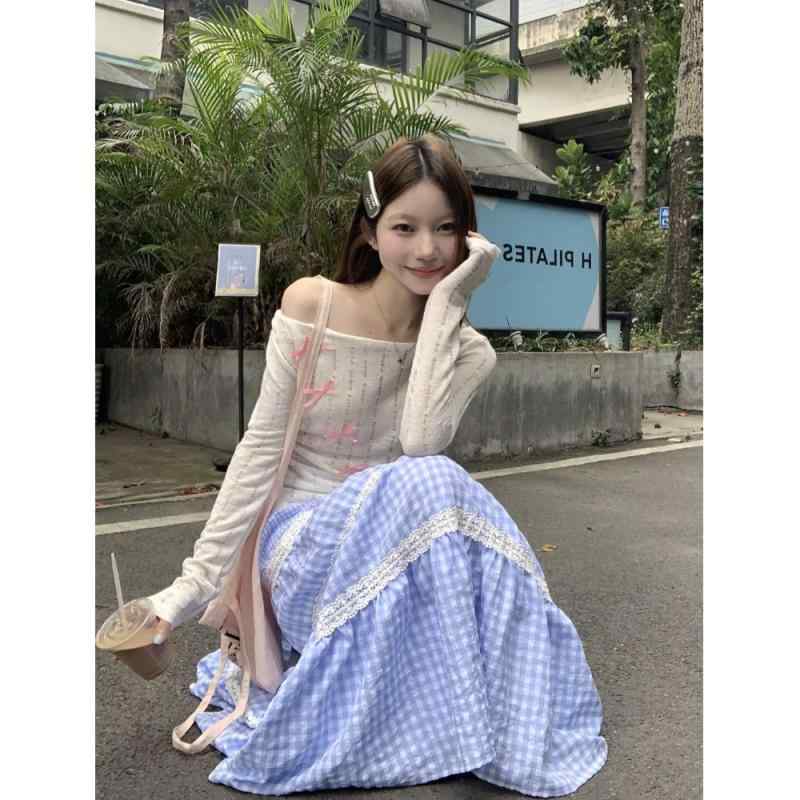 春 コーデ レディース ファッション オシャレ カワイイ シンプル きれいめ ナチュラル 上品カジュアル 婦人服 スーツ 夏 リボン 長袖 トップス レース チェック柄 スカート ツーピース