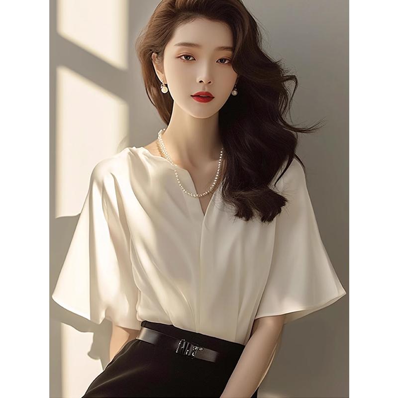 秋服 レディース ファッション オシャレ カワイイ シンプル 大人カワイイ 大きいサイズ トップス ハイエンド ハイエンド 白 アセテート サテン シャツ