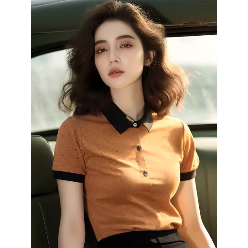 秋服 レディース ファッション オシャレ カワイイ シンプル 大人カワイイ 大きいサイズ 秋 韓国スタイル シック トップス ゆったり 快適 ブラウンカラー ポロ ニット 半袖 T シャツ