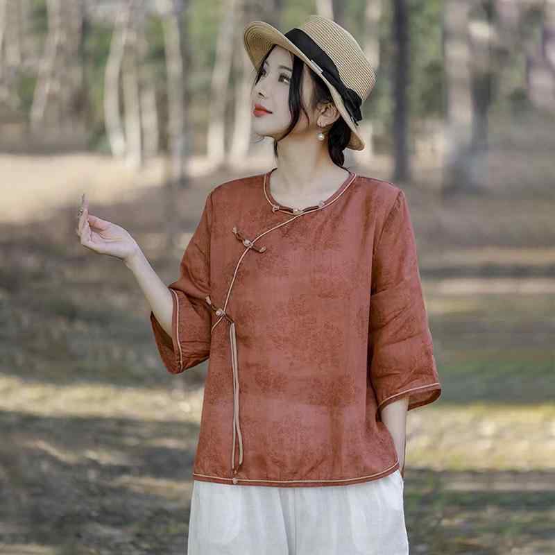 秋服 レディース ファッション オシャレ カワイイ シンプル 大人カワイイ 大きいサイズ 秋 カジュアル レトロ ダーク ジャカード ラミー シャツ トップス