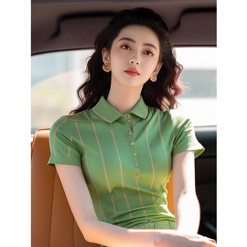秋服 レディース ファッション オシャレ カワイイ シンプル 大人カワイイ 大きいサイズ ポロ カラー トップス グリーン ストライプ 半袖 T シャツ