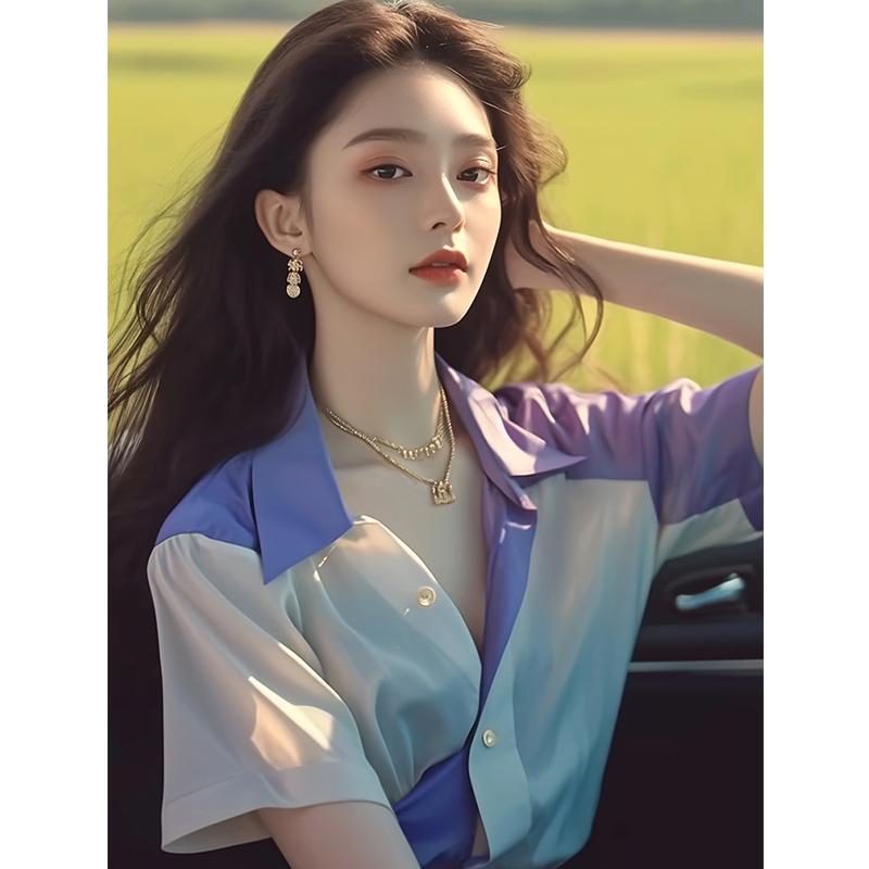 Short Sleeves - 秋服 レディース ファッション オシャレ カワイイ シンプル 大人カワイイ 大きいサイズ トップス ハイエンド シック シャツ 紫 シフォン 半袖