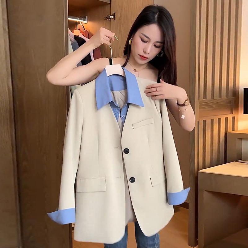 秋服 レディース ファッション オシャレ カワイイ シンプル 大人カワイイ 大きいサイズ フェイク ツーピース カジュアル スーツ ジャケット 韓国スタイル