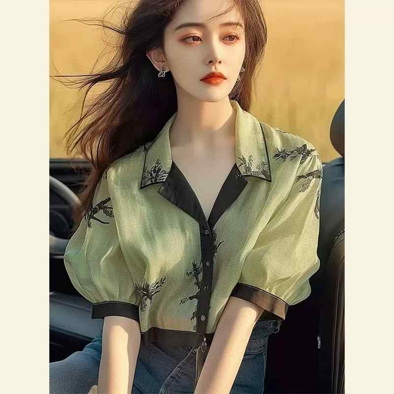 秋服 レディース ファッション オシャレ カワイイ シンプル 大人カワイイ 大きいサイズ グリーン 半袖 シフォン 花柄 シャツ 秋 シック 魅力的 トップス