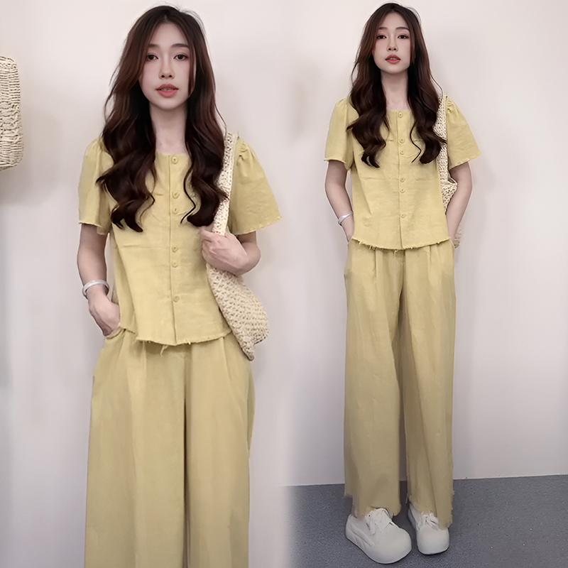秋服 レディース ファッション オシャレ カワイイ シンプル 大人カワイイ 大きいサイズ 韓国スタイル ラウンドネック ロー エッジ 半袖 トップス ハイウエスト スリム ワイド レッグ パンツ セット