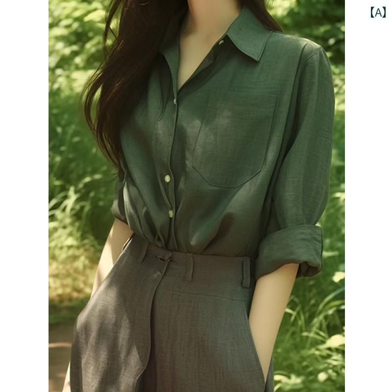 秋服 レディース ファッション オシャレ カワイイ シンプル 大人カワイイ 大きいサイズ 秋 トップス シック グリーン 綿麻 シャツ レトロ 長袖 日焼け防止 2