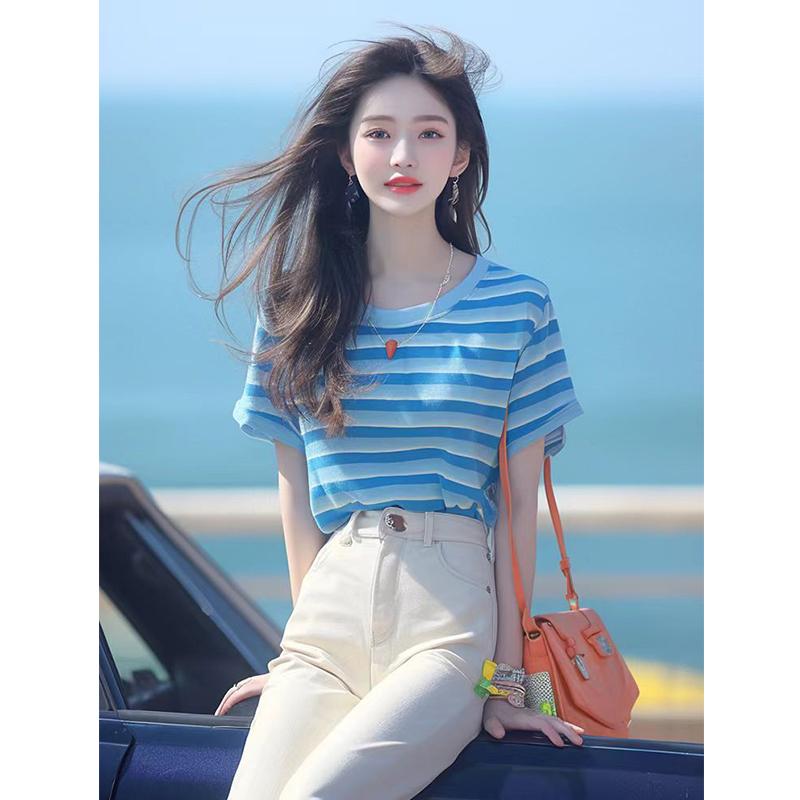 秋服 レディース ファッション オシャレ カワイイ シンプル 大人カワイイ 大きいサイズ シック トップス ゆったり スリム ブルー ストライプ T シャツ