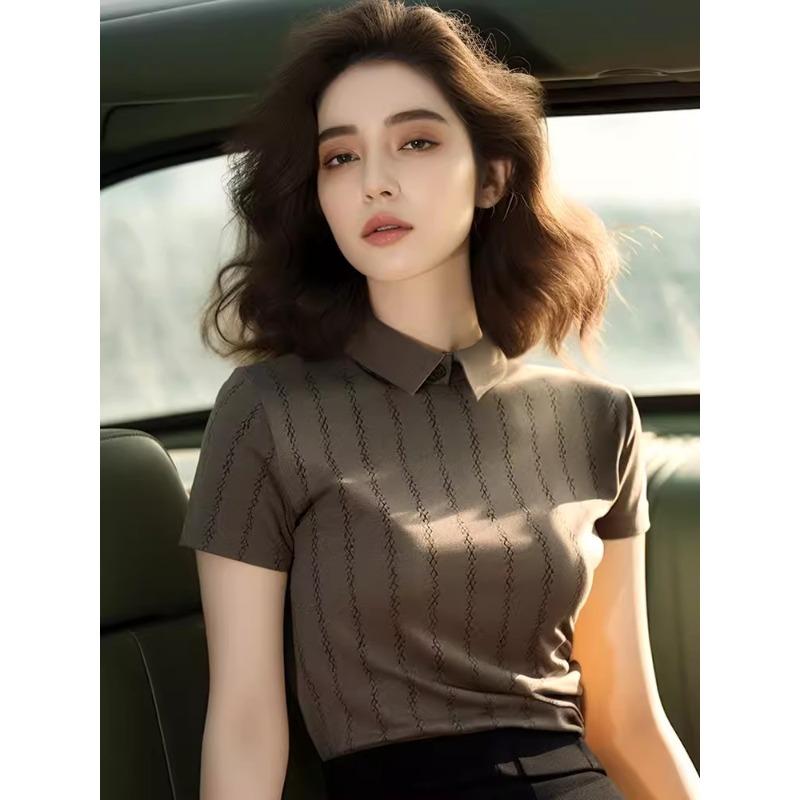 Rakuten - 秋服 レディース ファッション オシャレ カワイイ シンプル 大人カワイイ 大きいサイズ トップス ハイエンド ポロ ストライプ T シャツ