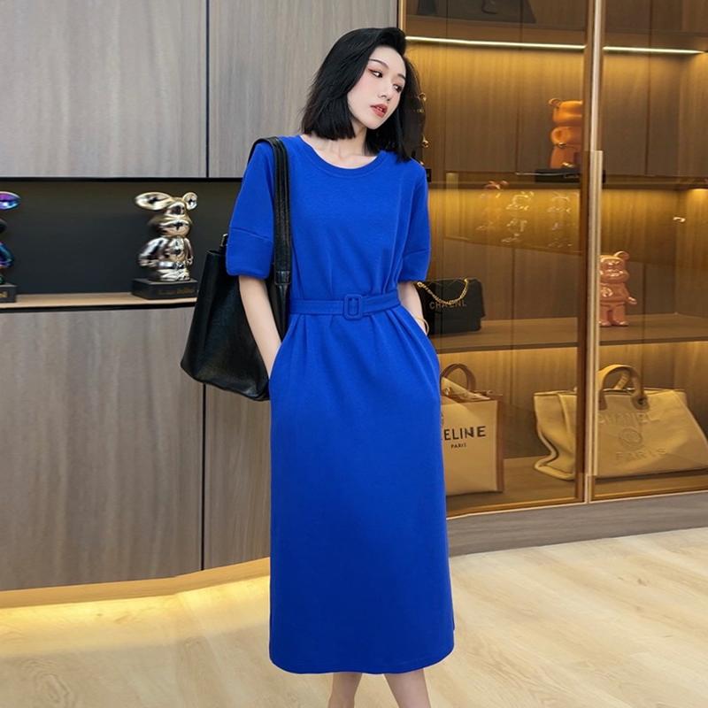 乐天商城 - 秋服 レディース ファッション オシャレ カワイイ シンプル 大人カワイイ 大きいサイズ クラインブルー ドレス サマー スリム カジュアル ロング T シャツ