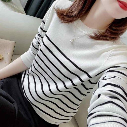 秋服 レディース ファッション オシャレ カワイイ シンプル 大人カワイイ 大きいサイズ ラベル ストライプ セーター ラウンドネック セーター 秋服 レディース ファッション オシャレ カワイイ シンプル 大人カワイイ 大きいサイズ ラベル ストライプ セーター ラウンドネック セーター