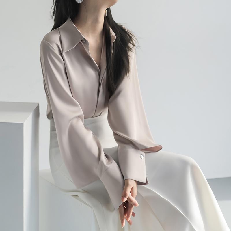 Rakuten - 秋服 レディース ファッション オシャレ カワイイ シンプル 大人カワイイ 大きいサイズ 長袖 ドレープ シャツ トップス