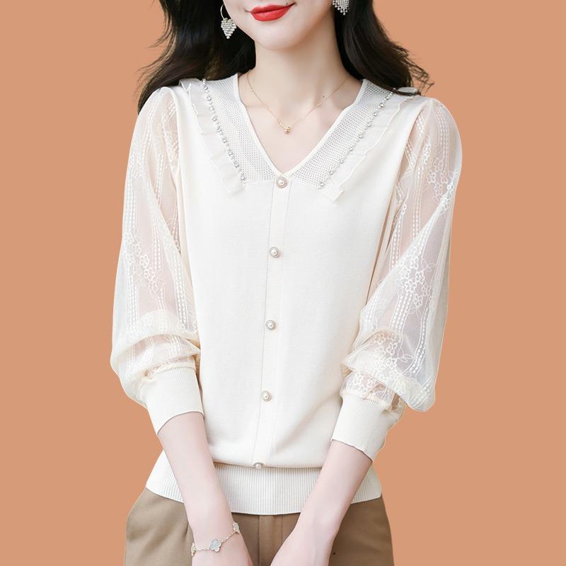 秋服 レディース ファッション オシャレ カワイイ シンプル 大人カワイイ 大きいサイズ Vネック ニット トップス 薄手 レース 秋 ガーゼ スリーブ カラー セーター シャツ