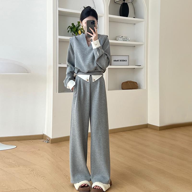 秋服 レディース ファッション オシャレ カワイイ シンプル 大人カワイイ 大きいサイズ Vネック 長袖 トップス ストレート ワイド レッグ パンツ ツーピース スーツ