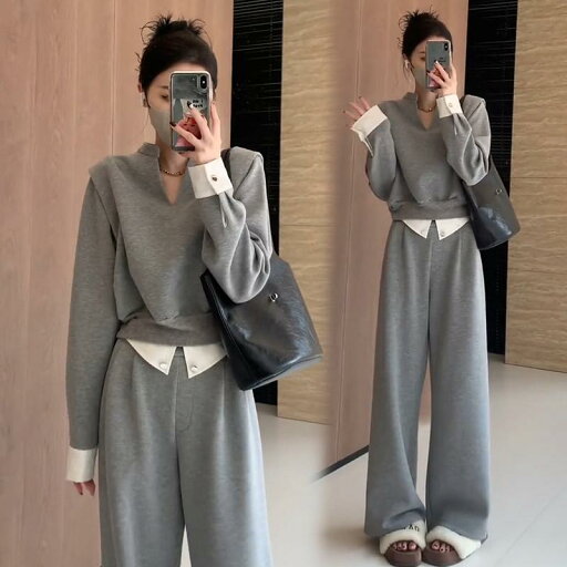 秋服 レディース ファッション オシャレ カワイイ シンプル 大人カワイイ 大きいサイズ 韓国スタイル ステッチ Vネック 長袖 トップス ハイウエスト ストレート レッグ ワイド パンツ スーツ 秋服 レディース ファッション オシャレ カワイイ シンプル 大人カワイイ 大きいサイズ 韓国スタイル ステッチ Vネック 長袖 トップス ハイウエスト ストレート レッグ ワイド パンツ スーツ