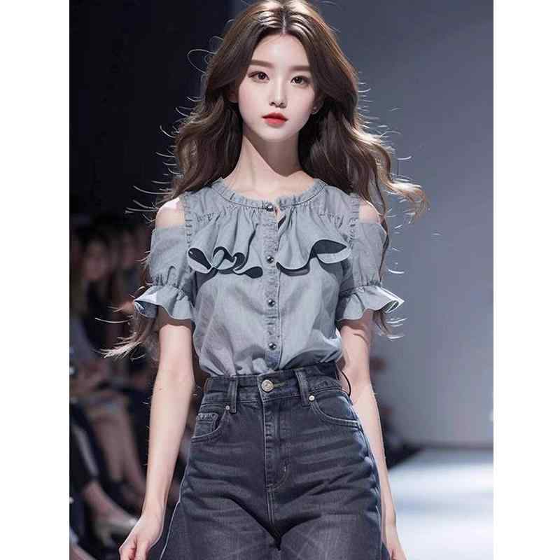 秋服 レディース ファッション オシャレ カワイイ シンプル 大人カワイイ 大きいサイズ シャツ 秋 ハイエンド グレー オフショルダー ステッチ 半袖