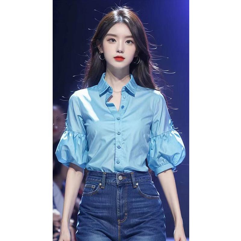 秋服 レディース ファッション オシャレ カワイイ シンプル 大人カワイイ 大きいサイズ 秋 シック ゆったり シャツ ランタン スリーブ 半袖