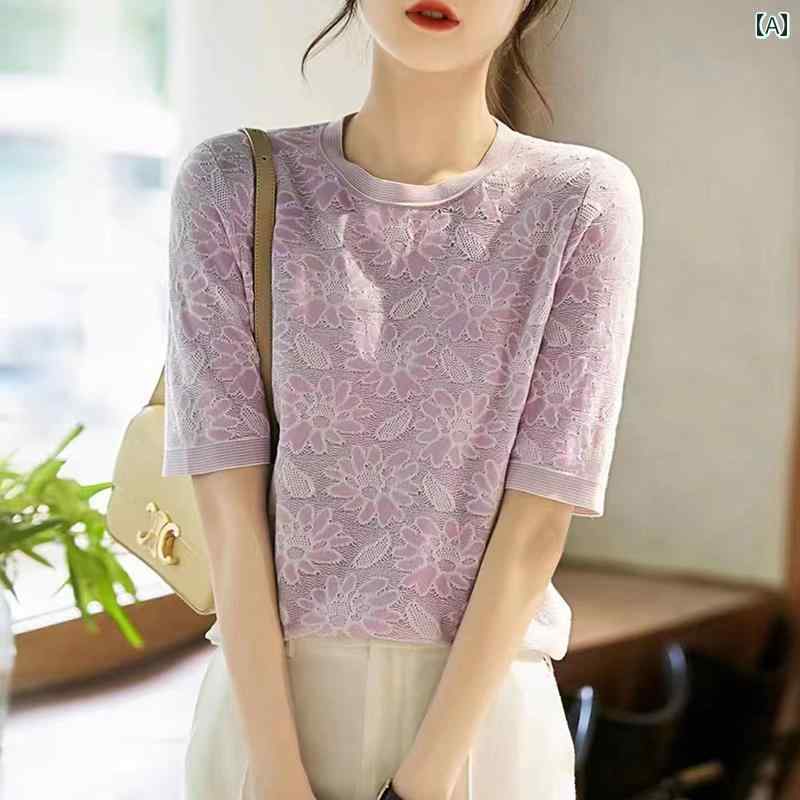 秋服 レディース ファッション オシャレ カワイイ シンプル 大人カワイイ 大きいサイズ ジャカード 半袖 ニット T シャツ 秋 スリム トップス