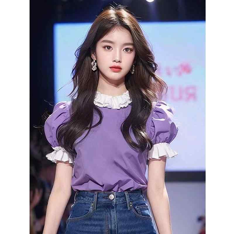 乐天商城 - 秋服 レディース ファッション オシャレ カワイイ シンプル 大人カワイイ 大きいサイズ 紫 半袖 シャツ 秋 シック ハイエンド トップス