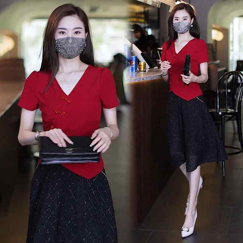 秋服 レディース ファッション オシャレ カワイイ シンプル 大人カワイイ 大きいサイズ エレガント Vネック ブラック トップス メッシュ スカート ツーピース スーツ