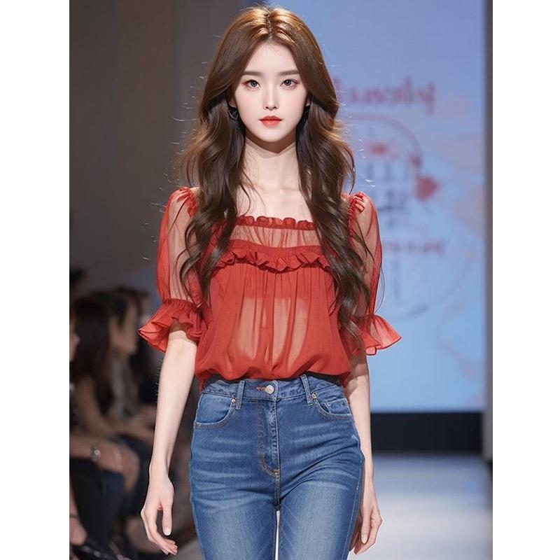 秋服 レディース ファッション オシャレ カワイイ シンプル 大人カワイイ 大きいサイズ シック 赤 シフォン シャツ カレッジ フリル 半袖 レイヤリング トップス