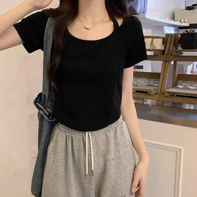 秋服 レディース ファッション オシャレ カワイイ シンプル 大人カワイイ 大きいサイズ 魅力的 スリム 半袖 T シャツ 秋 ホルター トップス