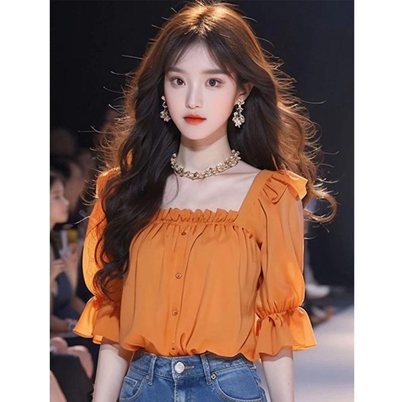 秋服 レディース ファッション オシャレ カワイイ シンプル 大人カワイイ 大きいサイズ シック シャツ カレッジ トップス フリル スクエアネック オレンジ シフォン シャツ