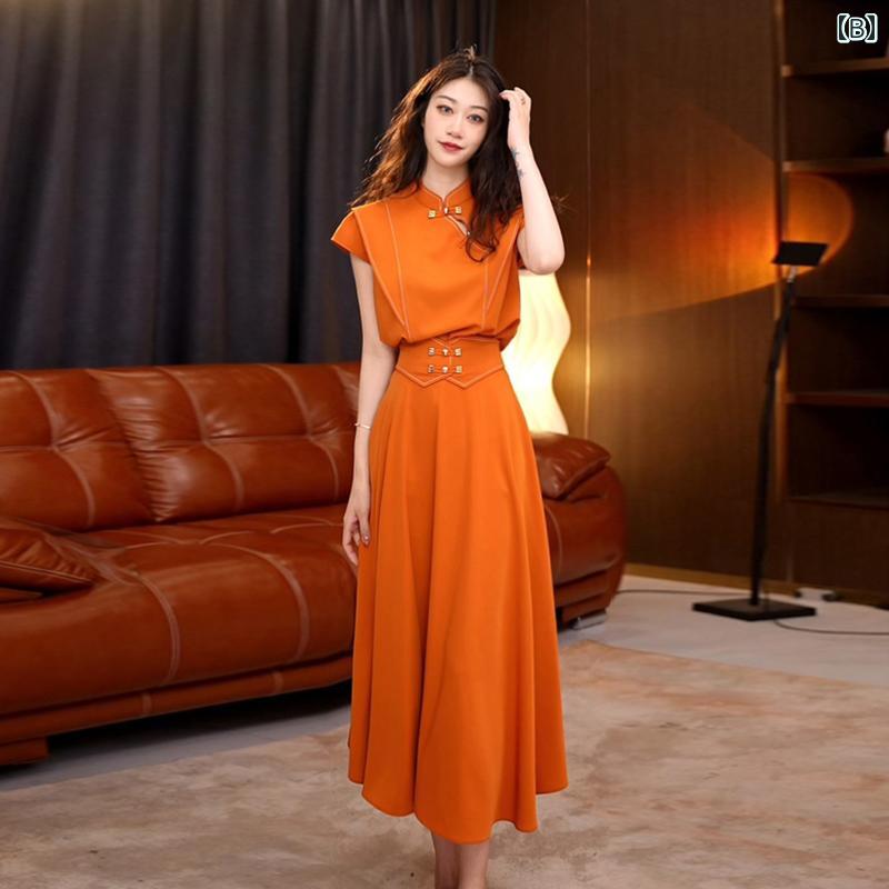 秋服 レディース ファッション オシャレ カワイイ シンプル 大人カワイイ 大きいサイズ オレンジ スーツ スカート 秋 半袖 セット