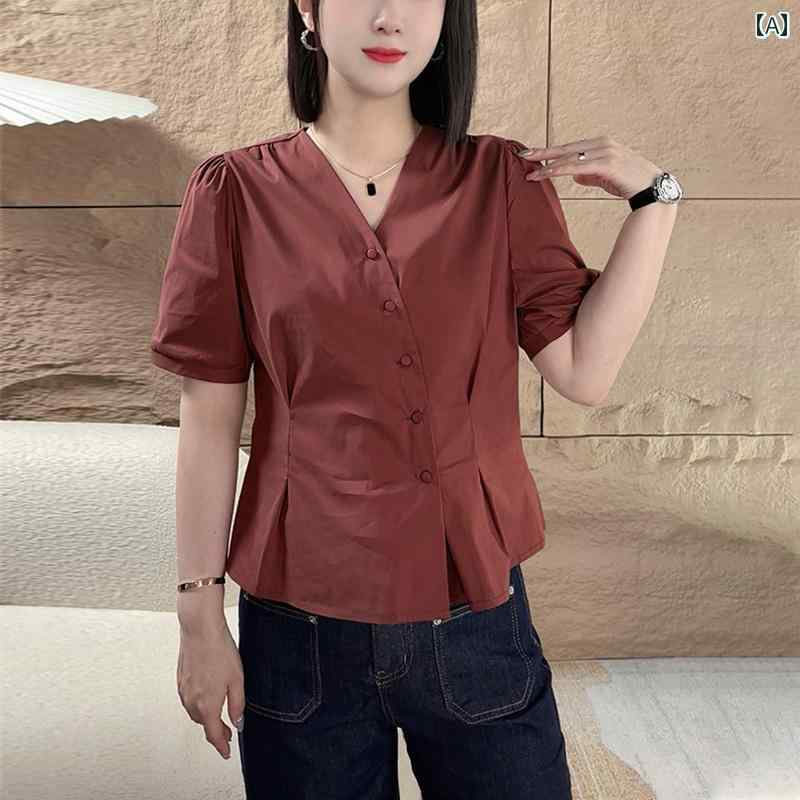 秋服 レディース ファッション オシャレ カワイイ シンプル 大人カワイイ 大きいサイズ レトロ スロープ カラー 半袖 シャツ 秋 韓国スタイル トップス