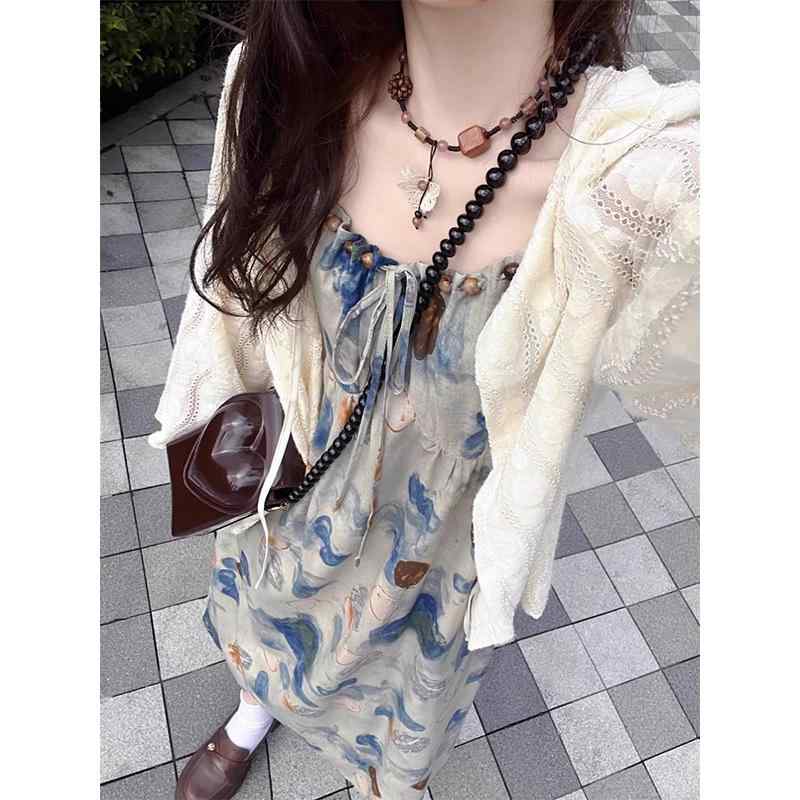 秋服 レディース ファッション オシャレ カワイイ シンプル 大人カワイイ 大きいサイズ フレンチ 水 画 ワンピース ドレス スーツ 秋 海辺 リゾート ティーブレイク ロング スカート