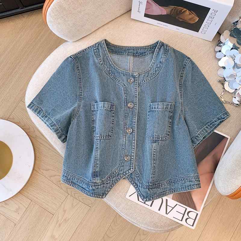 秋服 レディース ファッション オシャレ カワイイ シンプル 大人カワイイ 大きいサイズ 半袖 デニム ジャケット 秋 スタック ラウンドネック トップス