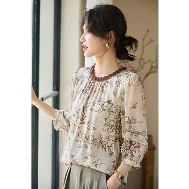 秋服 レディース ファッション オシャレ カワイイ シンプル 大人カワイイ 大きいサイズ シャツ 半袖 秋 ラウンドネック プリント 七分袖 トップス