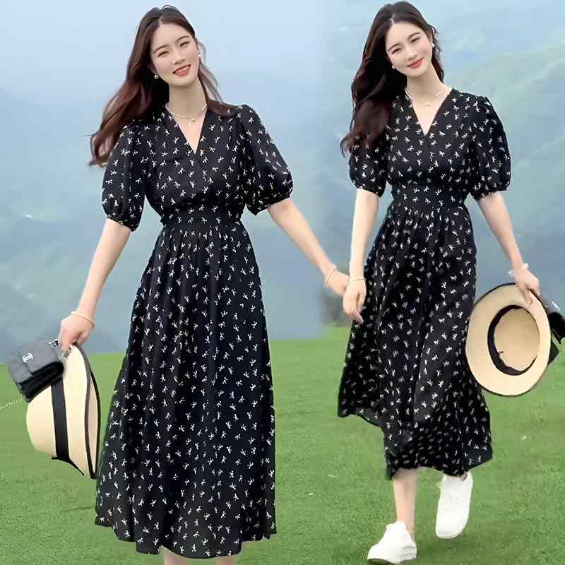 製服, 作業服 - 秋服 レディース ファッション オシャレ カワイイ シンプル 大人カワイイ 大きいサイズ 秋 Vネック スリム スカート ハイウエスト aライン 花柄 ドレス ロング