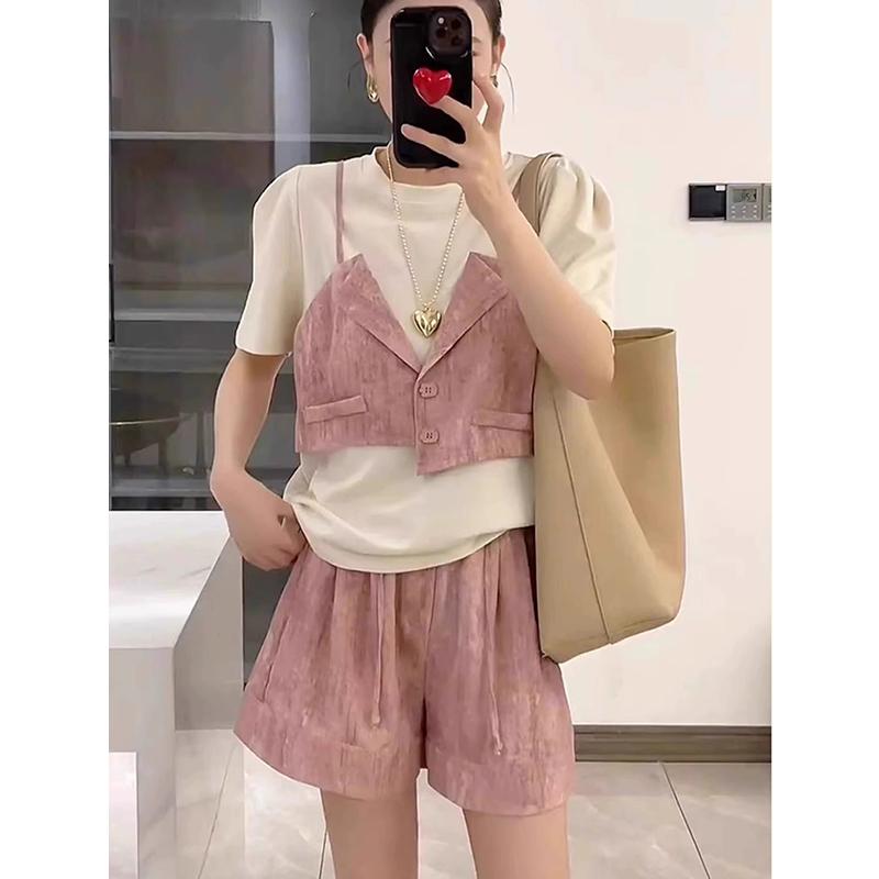 秋服 レディース ファッション オシャレ カワイイ シンプル 大人カワイイ 大きいサイズ 韓国スタイル 半袖 トップス ワイド レッグ パンツ スーツ 秋 ピンク マッチング セット