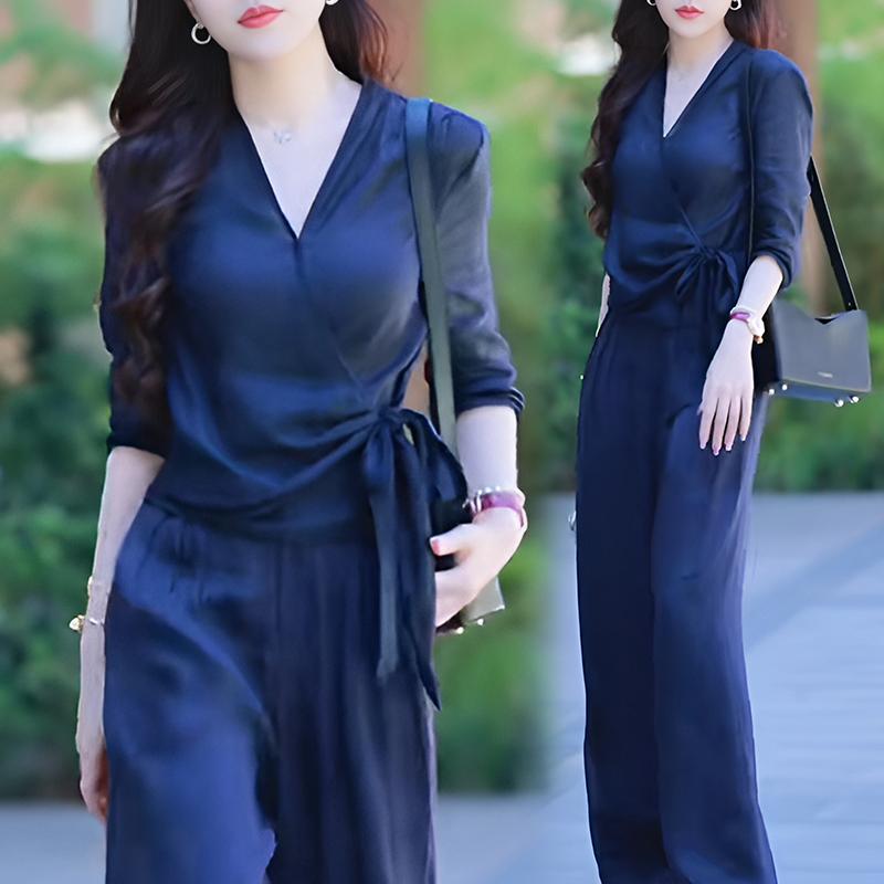 秋服 レディース ファッション オシャレ カワイイ シンプル 大人カワイイ 大きいサイズ スーツ 秋 薄手 ハイエンド 半袖 Vネック シャツ リネン ワイド パンツ セット