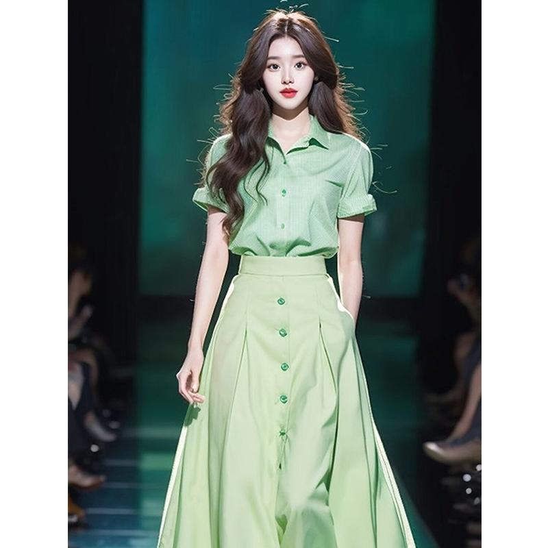 秋服 レディース ファッション オシャレ カワイイ シンプル 大人カワイイ 大きいサイズ 服 韓国スタイル グリーン シャツ スーツ スカート セット クール